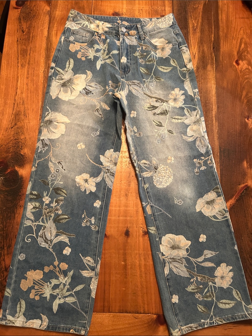 Women’s Floral Print Wide-Leg Jeans - Blue